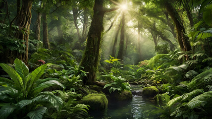 Beautiful tropical rainforest with sunbeams and lens flare