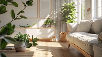 Sunlight Streams Into Modern Living Room Interior Design With Lush Plants