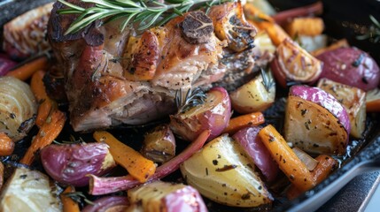 A delicious Kurobuta pork roast, seasoned with rosemary and garlic, served with roasted root vegetables