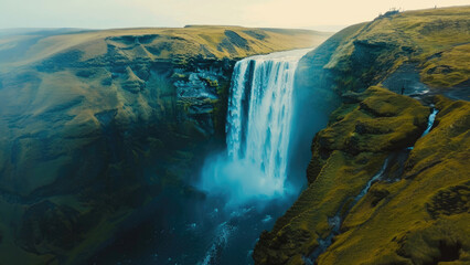 Majestic Waterfall Cascading Down Rugged Cliffs in a Serene Natural Landscape