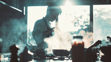 chef cooking, close up, focus on, simple kitchen setup, Double exposure silhouette with cooking utensils