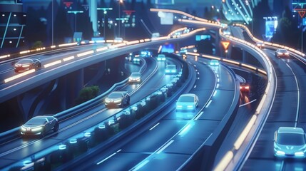 A futuristic cityscape with autonomous cars seamlessly communicating and navigating through interconnected smart roads