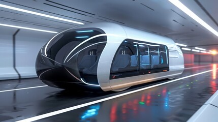 A futuristic public transport car, designed for shared mobility and equipped with advanced connectivity and comfort features