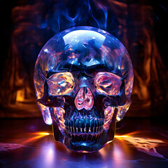alien head crystal skull with emphasis on the internal colors and structure of the skull with a dark high class cult like background 