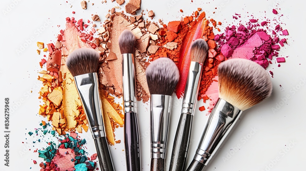 Poster a close-up shot of various makeup brushes against a white background with vibrant eyeshadow and blus