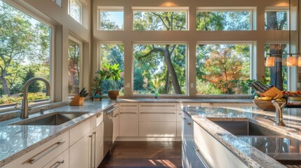 A kitchen with a large garden window above the sink, providing a beautiful view and plenty of light