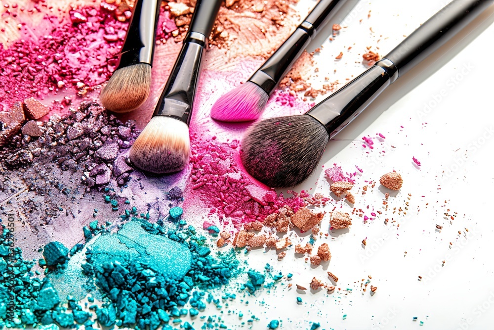 Aufkleber makeup brushes covered in colorful eyeshadow and blush on a white background. generative ai