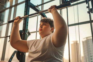Portrait of a nice fat boy in the gym