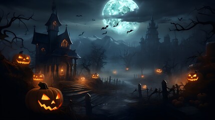 Fototapeta premium Halloween Night Mystery Graveyard Illustration