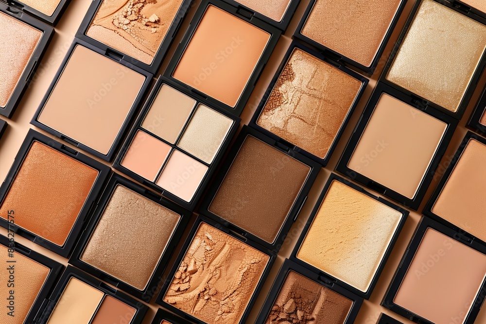 Poster a collection of contouring palettes and highlighters in warm tones, organized on a light background.