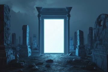 A white framed mirror sits on a wet floor next to a stone cross