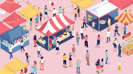 Isometric illustration of a bustling street market with vendors and shoppers.