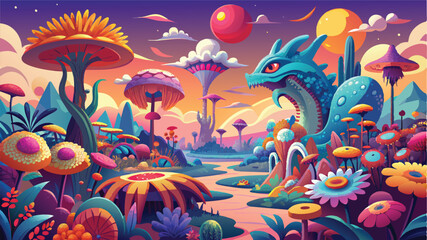 Surreal Landscapes with Oversized Flowers and Bright, Fantasy Creatures, vector graphics