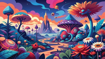 Surreal Landscapes with Oversized Flowers and Bright, Fantasy Creatures, vector graphics