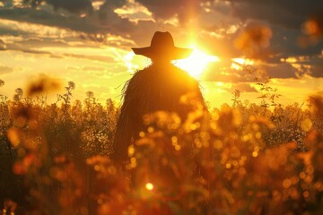 Sunny Farm Day: Farmer Constructing Scarecrow in Golden Light