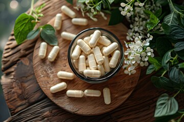 Fototapeta premium A bowl filled with white pills sitting on top of a wooden table
