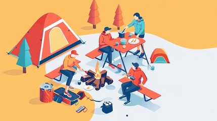 Fototapeta premium Simple, Isometric illustration of a group of friends cooking over a campfire, indicating the camaraderie of outdoor camping, with space for text