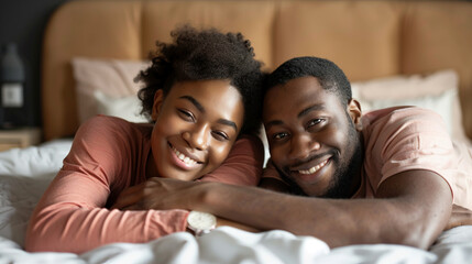 Obraz premium Close-up shot of happy Black couple lying in bed together, smiling and looking at camera