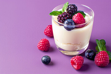 Glass of creamy panna cotta dessert topped with fresh raspberries, blueberries, blackberries sits on purple background with scattered berries