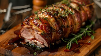 A succulent Kurobuta pork loin, stuffed with herbs and wrapped in bacon, served with a red wine reduction.