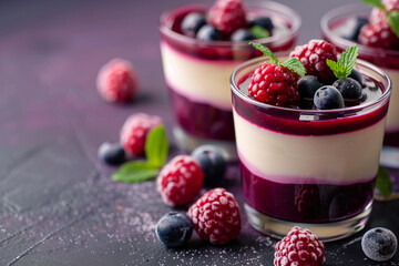 Close-up image of delicious panna cotta dessert topped with fresh raspberries and blueberries, dark purple background