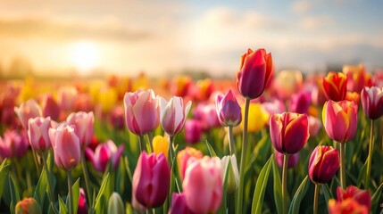 A vibrant field of tulips in full bloom, showcasing a spectrum of colors under the spring sunlight