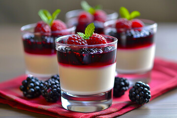 Close-up of delicious panna cotta dessert in glass cups topped with fresh raspberries and blackberries