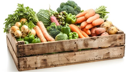 Assortment of fresh vegetables in a wooden box on a white background