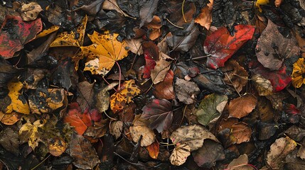 Obraz premium Closeup of colorful autumn leaves on the ground.