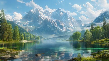 Fototapeta premium Serene Mountain Landscape: Illustrate the majestic beauty of a mountain landscape