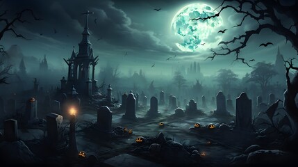 Obraz premium Halloween Night Mystery Graveyard Illustration