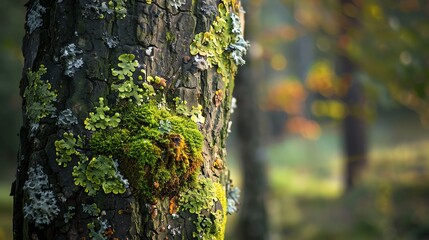 Obraz premium Closeup of a mossy tree trunk in a forest, with soft sunlight filtering through the leaves.