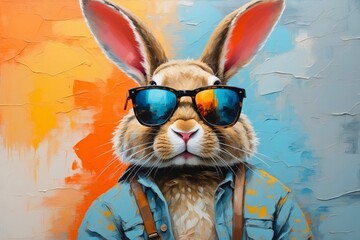 Colorful abstract portrait painting of a cute adorable bunny rabbit animal with sunglasses.	
