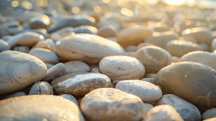 Close-up of smooth, sun-kissed pebbles on a beach.