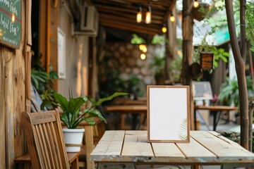 A white framed picture sits on a wooden table in a restaurant