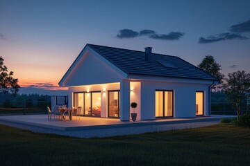 Obraz premium A small white house with a large porch and a patio