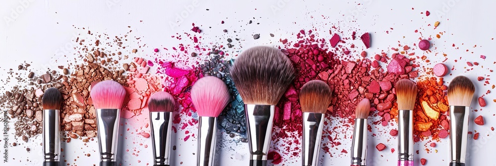 Poster a close-up image of various makeup brushes covered with vibrant eyeshadow and blush on a white backg