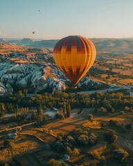 Obraz premium beautiful inspirational landscape with hot air balloon flying in the sky, travel destination