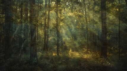 Obraz premium Sunbeams illuminate a dense, green forest.