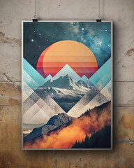 Minimalist print style collage poster, Abstract grunge backdrop, Retro futuristic graphic design style