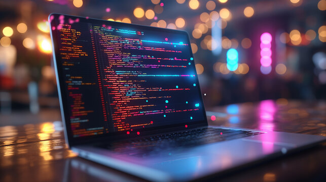 Close up, blurred image on computer screen Code programming technology blurred background Encoding scripted text on screen software development