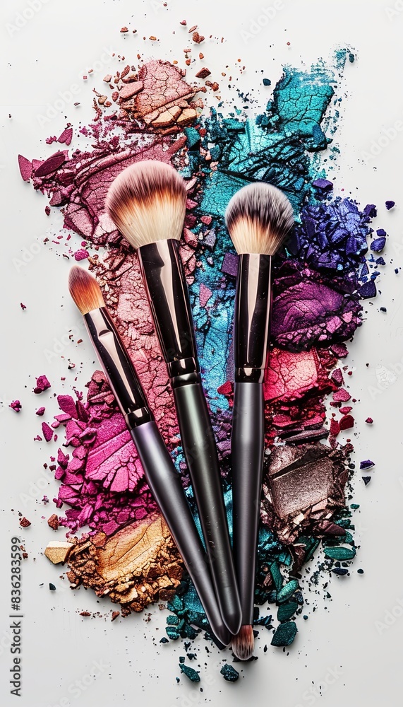 Poster a close-up image of three makeup brushes covered in vibrant eyeshadow and blush pigments, arranged o