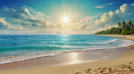 Paradise Sea or Ocean Sunny Beach with gentle surf of wave and clean yellow sand Summer concept background.
