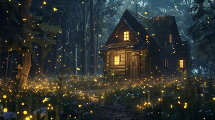 Fireflies create a sparkling aura around a quaint cabin in the woods, adding to its charm and mystery.