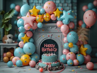 Colorful birthday decor with balloons, stars, and a cake featuring a 'Happy Birthday' message in a festive room setting.
