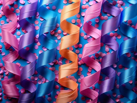 Colorful background of twisted ribbons in pink, purple, and orange, with scattered confetti. Ideal for party and celebration themes.