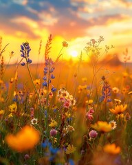 Naklejka premium Colorful spring sunrise on meadow
