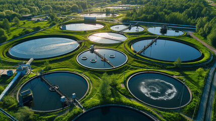 Aerial view of wastewater treatment plant, effluent and wastewater filtration. Industrial solutions for wastewater treatment and recycling