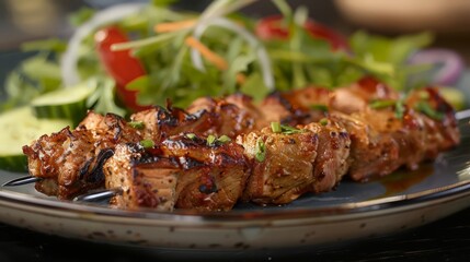 Grilled Kurobuta pork kebabs, marinated in a blend of spices and served with a refreshing cucumber salad