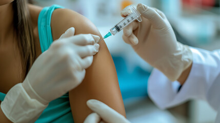  Doctor making a vaccination in the shoulder of patient, Flu Vaccination Injection on Arm
